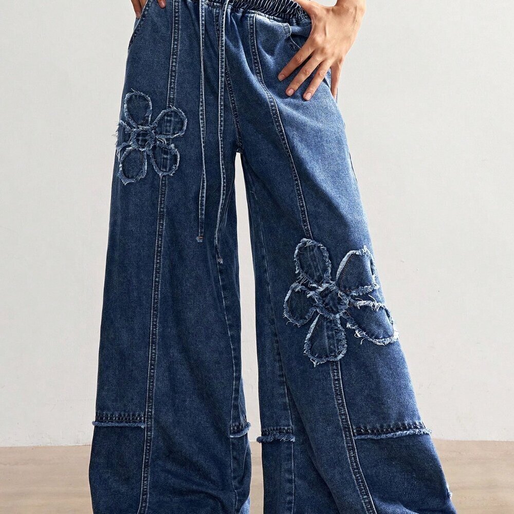 Dark Wash Women's Plus Size Casual Floral Print Drawstring Waist Wide Leg Pants - Picture 6 of 8